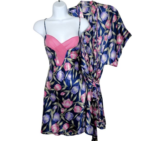 Vintage Peignoir Set Knee Length Satin Blue Floral Slip Gown Robe Large USA Made - Picture 1 of 12